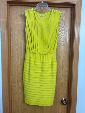 Calvin Klein Bright Yellow Pleated Waistband Midi Dress